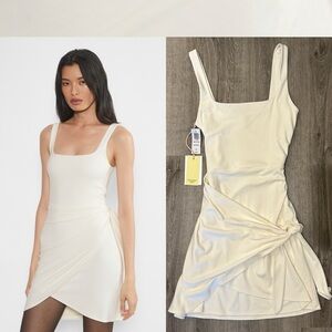 NWT Aritzia (S) Wilfred Saturn Mini Dress Light Birch Wrap Front Knot Tie White